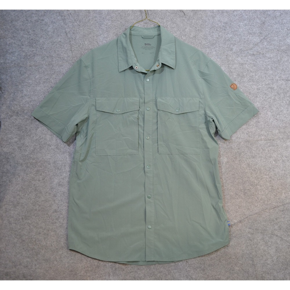 Fjallraven Abisko Trekking Shirt Mens L Green Short Sleeve Hiking Button Up